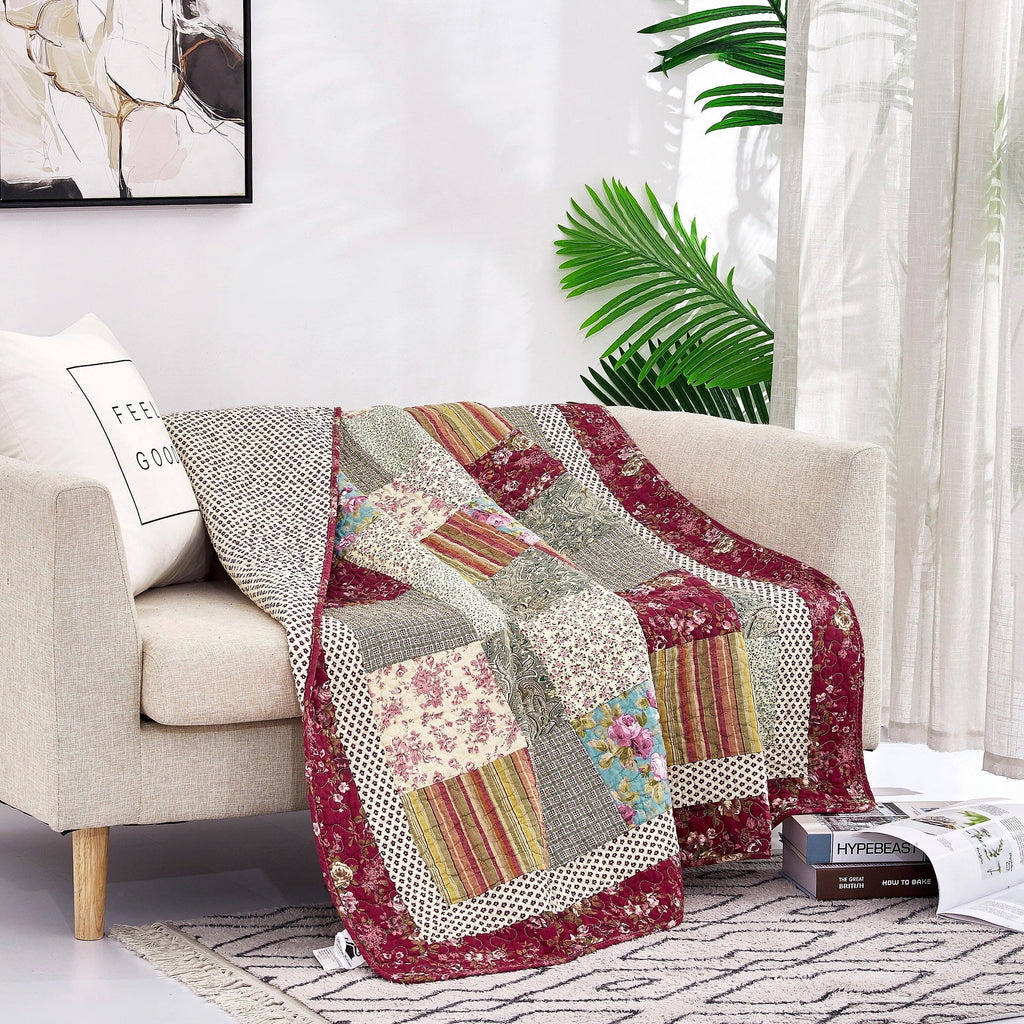 Burgundy Paisley Floral Cotton Patchwork Quilted Throw Blanket