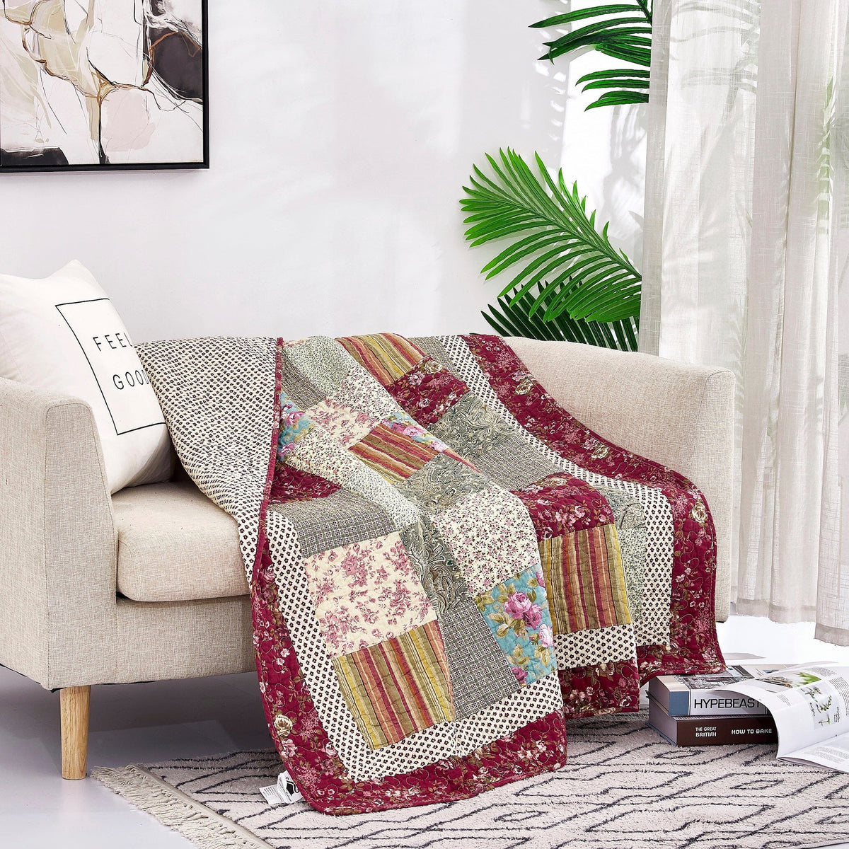 Burgundy Paisley Floral Cotton Patchwork Quilted Throw Blanket