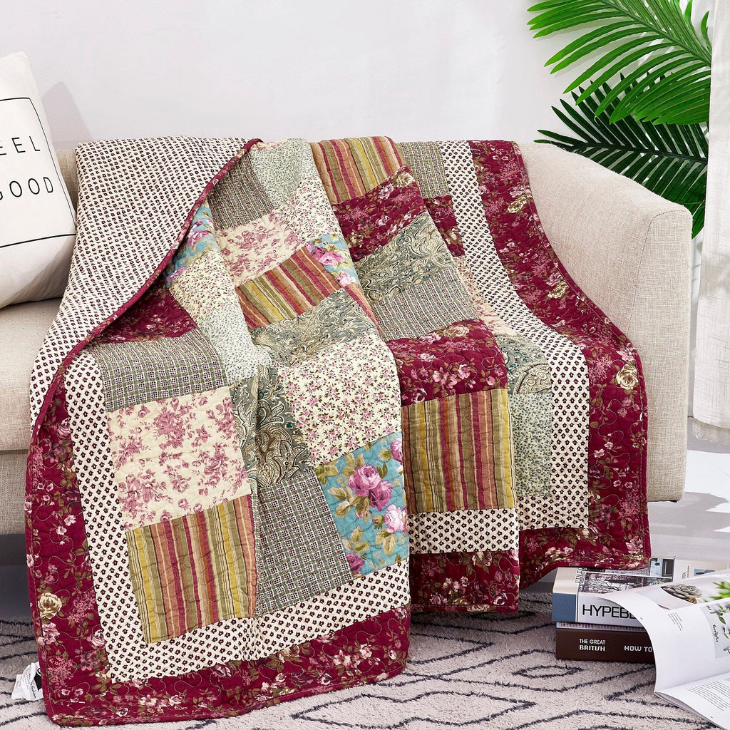 Burgundy Paisley Floral Cotton Patchwork Quilted Throw Blanket