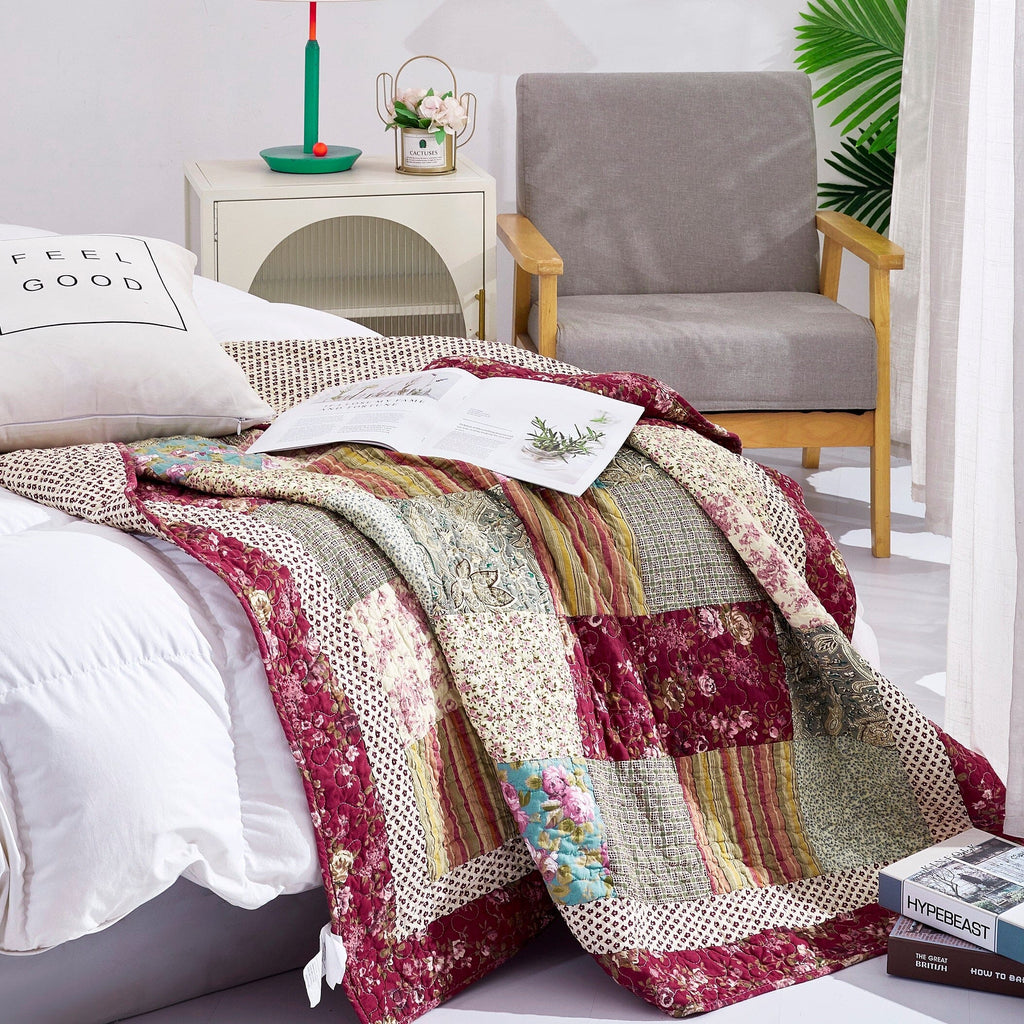 Burgundy Paisley Floral Cotton Patchwork Quilted Throw Blanket