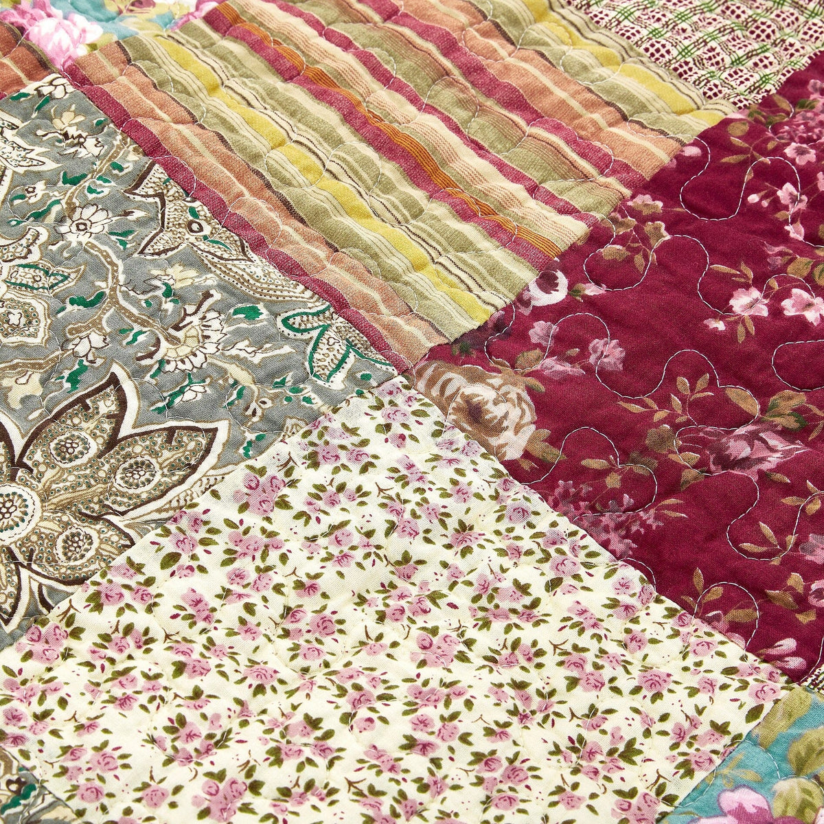 Burgundy Paisley Floral Cotton Patchwork Quilted Throw Blanket