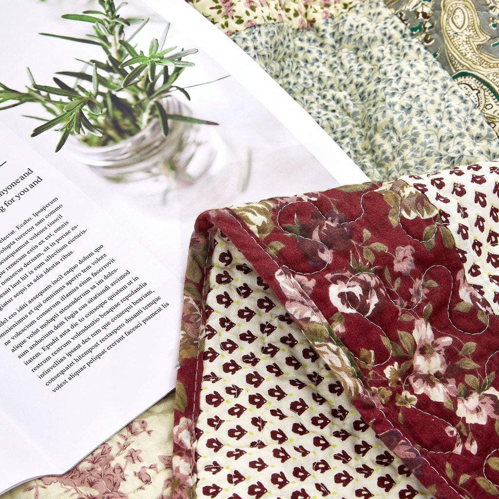 Burgundy Paisley Floral Cotton Patchwork Quilted Throw Blanket