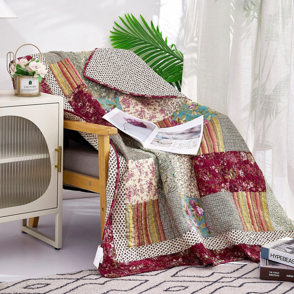 Burgundy Paisley Floral Cotton Patchwork Quilted Throw Blanket