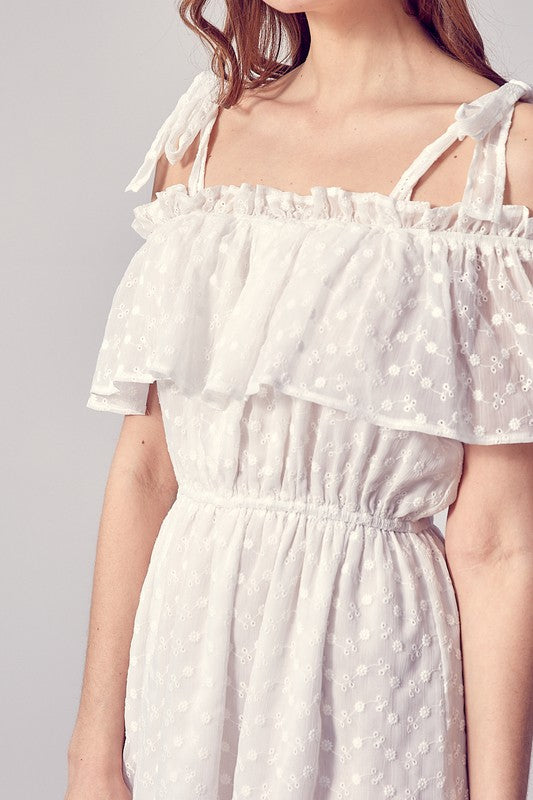 Cold Shoulder Embroidered Ruffle Dress