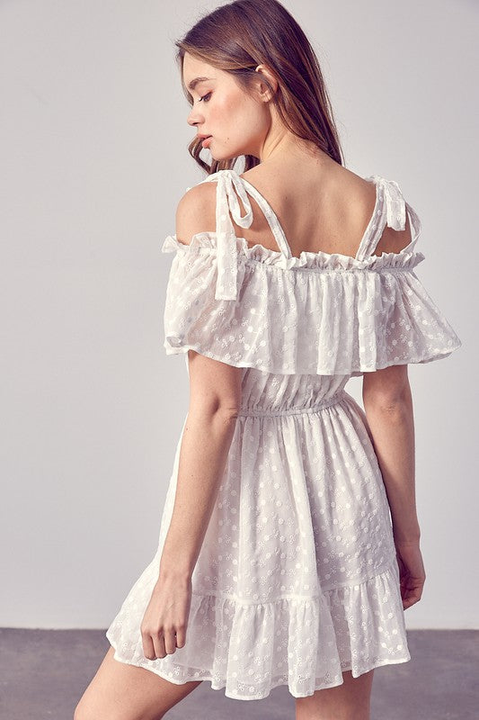 Cold Shoulder Embroidered Ruffle Dress