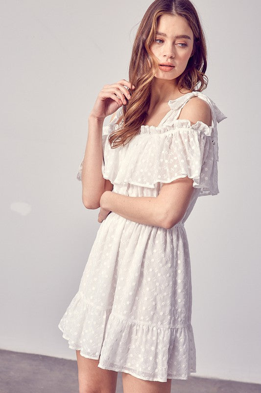 Cold Shoulder Embroidered Ruffle Dress