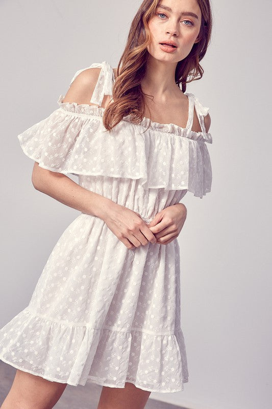 Cold Shoulder Embroidered Ruffle Dress