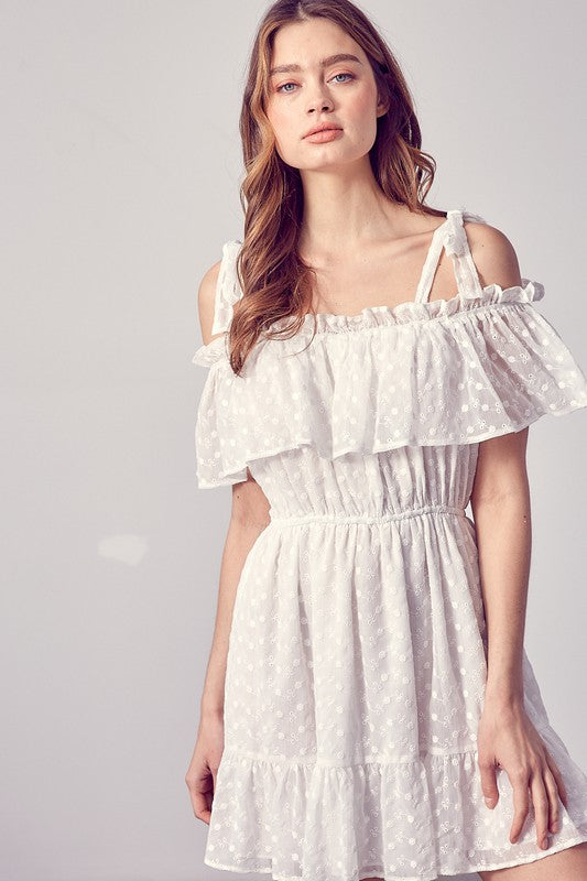 Cold Shoulder Embroidered Ruffle Dress