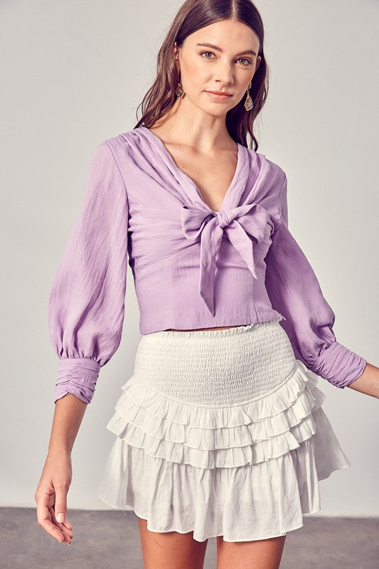 Front Tie Bow Long Sleeve Blouse