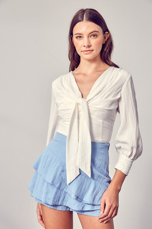 Front Tie Bow Long Sleeve Blouse