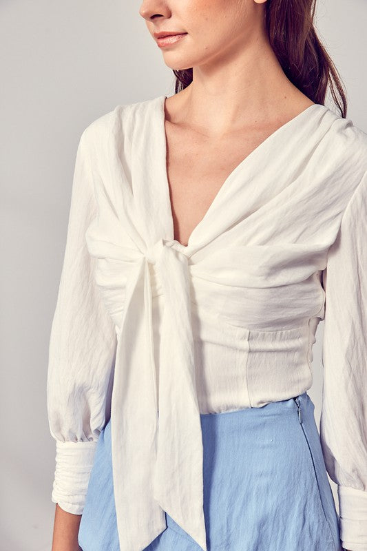 Front Tie Bow Long Sleeve Blouse