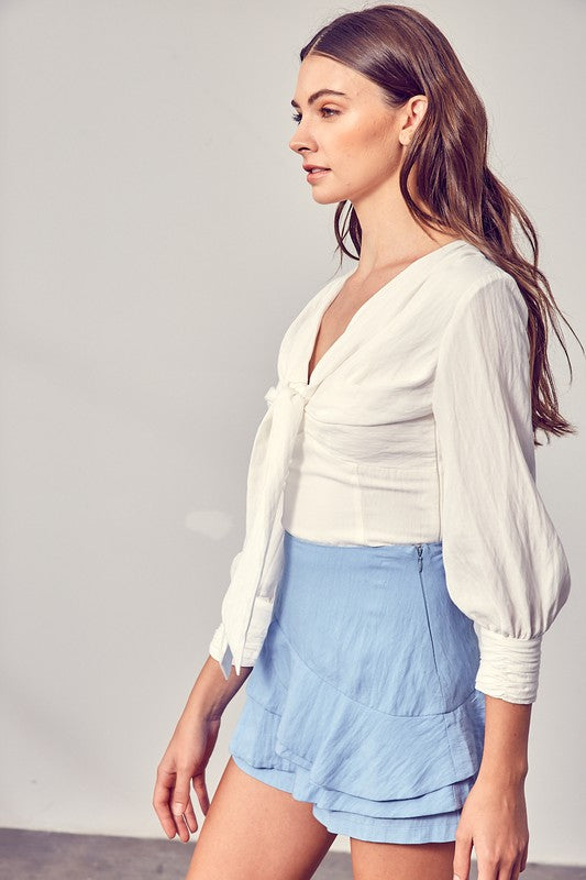 Front Tie Bow Long Sleeve Blouse