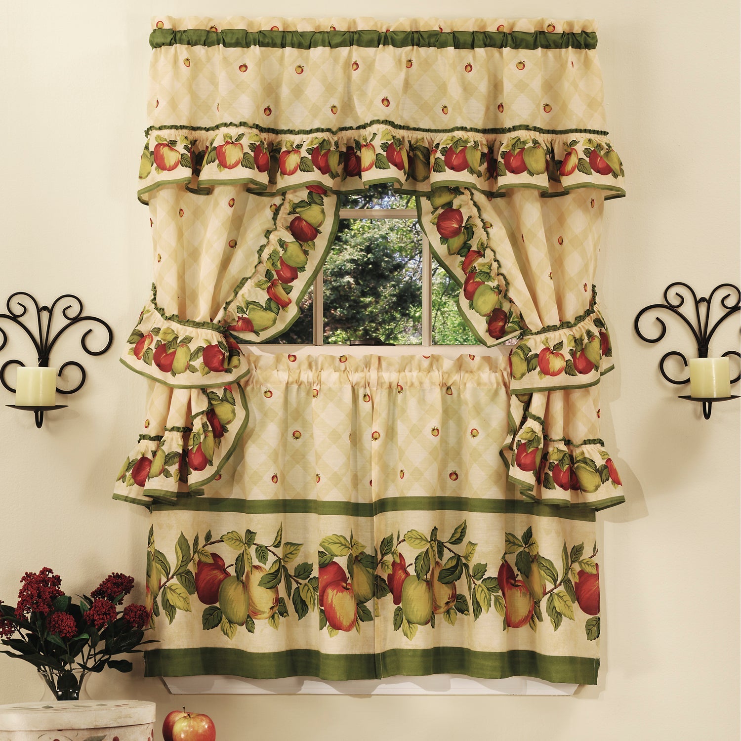 Cottage Window Curtain Set - Apple Orchard, 5-Piece with Valance, Tiers, and Tiebacks - Antique - 57x36