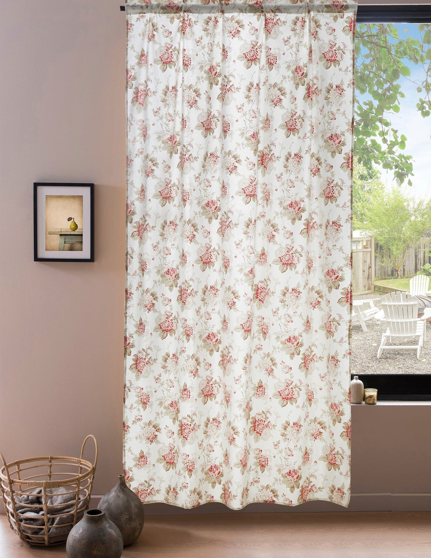 Pink Roses Cottage Sheer Window Panel Curtains