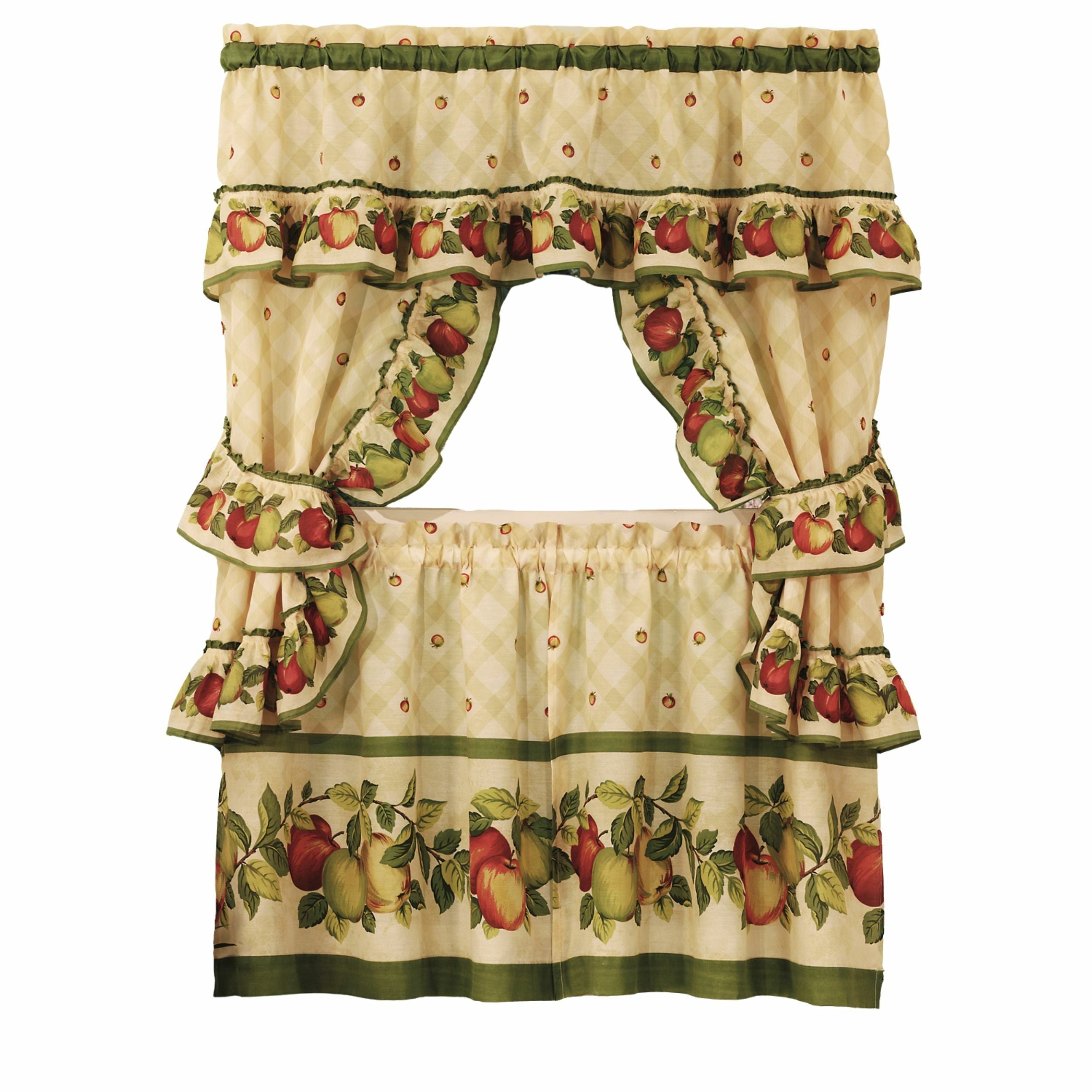 Cottage Window Curtain Set - Apple Orchard, 5-Piece with Valance, Tiers, and Tiebacks - Antique - 57x36