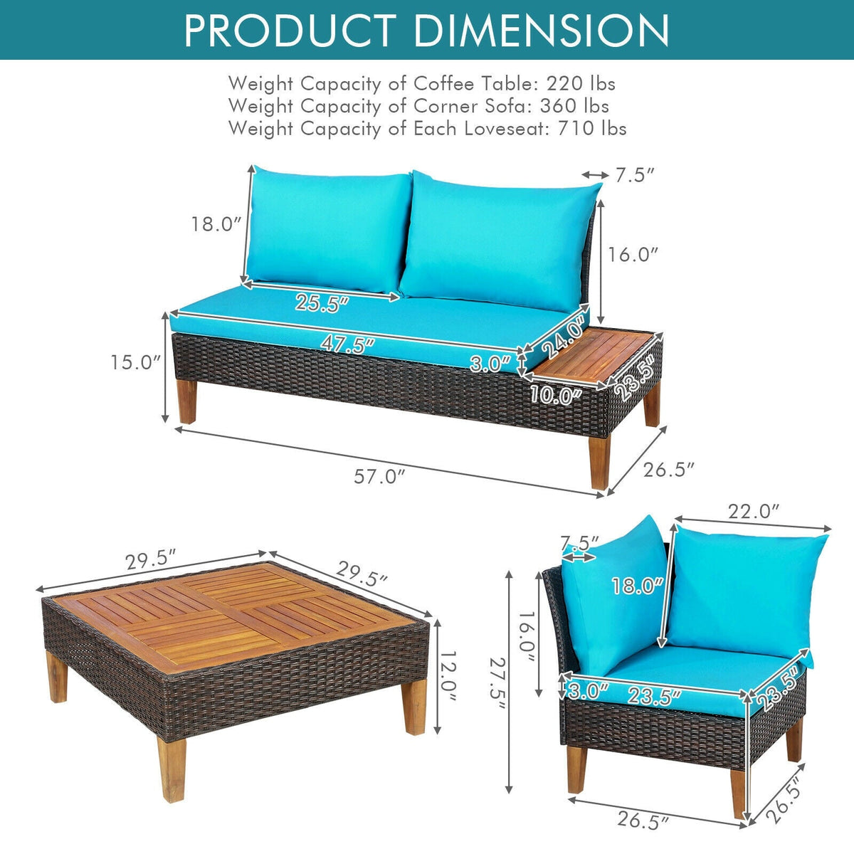4 Pieces Patio Cushioned Rattan Furniture Set with Wooden Side Table
