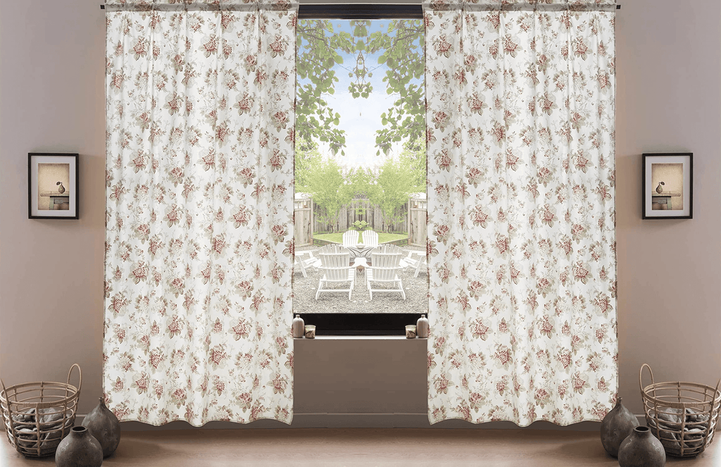 Pink Roses Cottage Sheer Window Panel Curtains