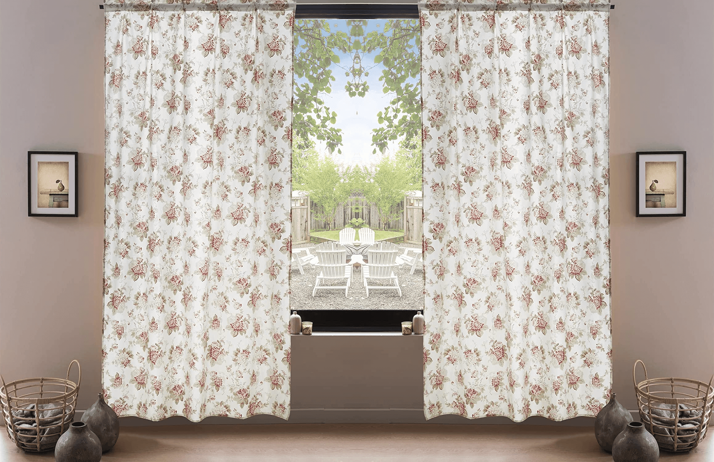 Pink Roses Cottage Sheer Window Panel Curtains
