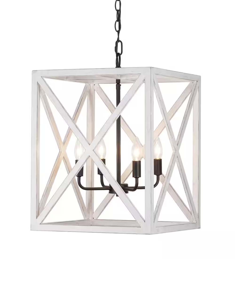 4-Light Distressed White Caged French Country Style Chandelier