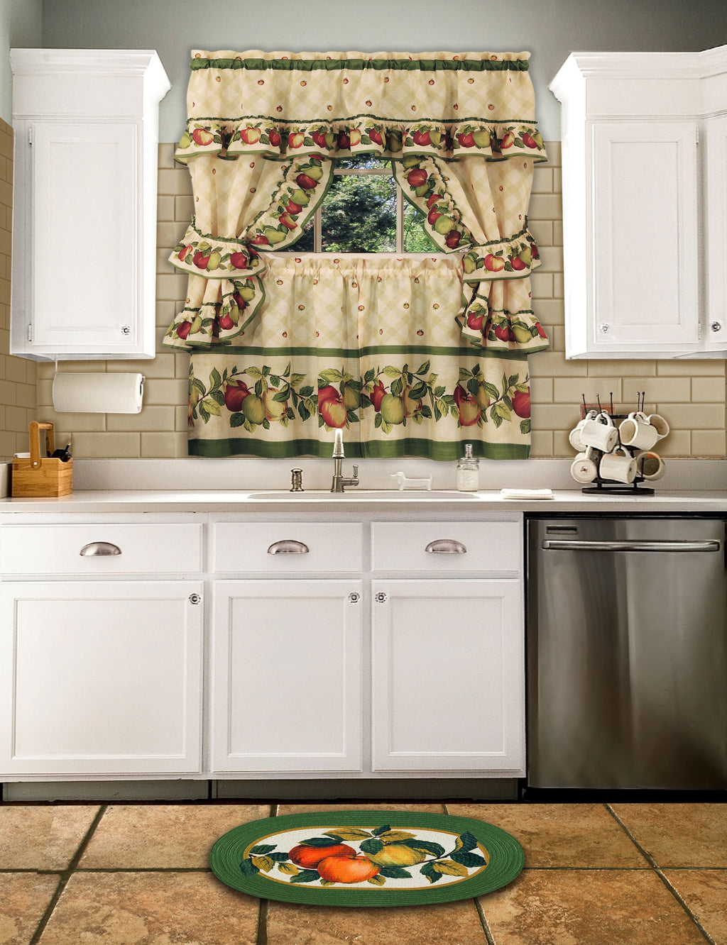 Cottage Window Curtain Set - Apple Orchard, 5-Piece with Valance, Tiers, and Tiebacks - Antique - 57x36