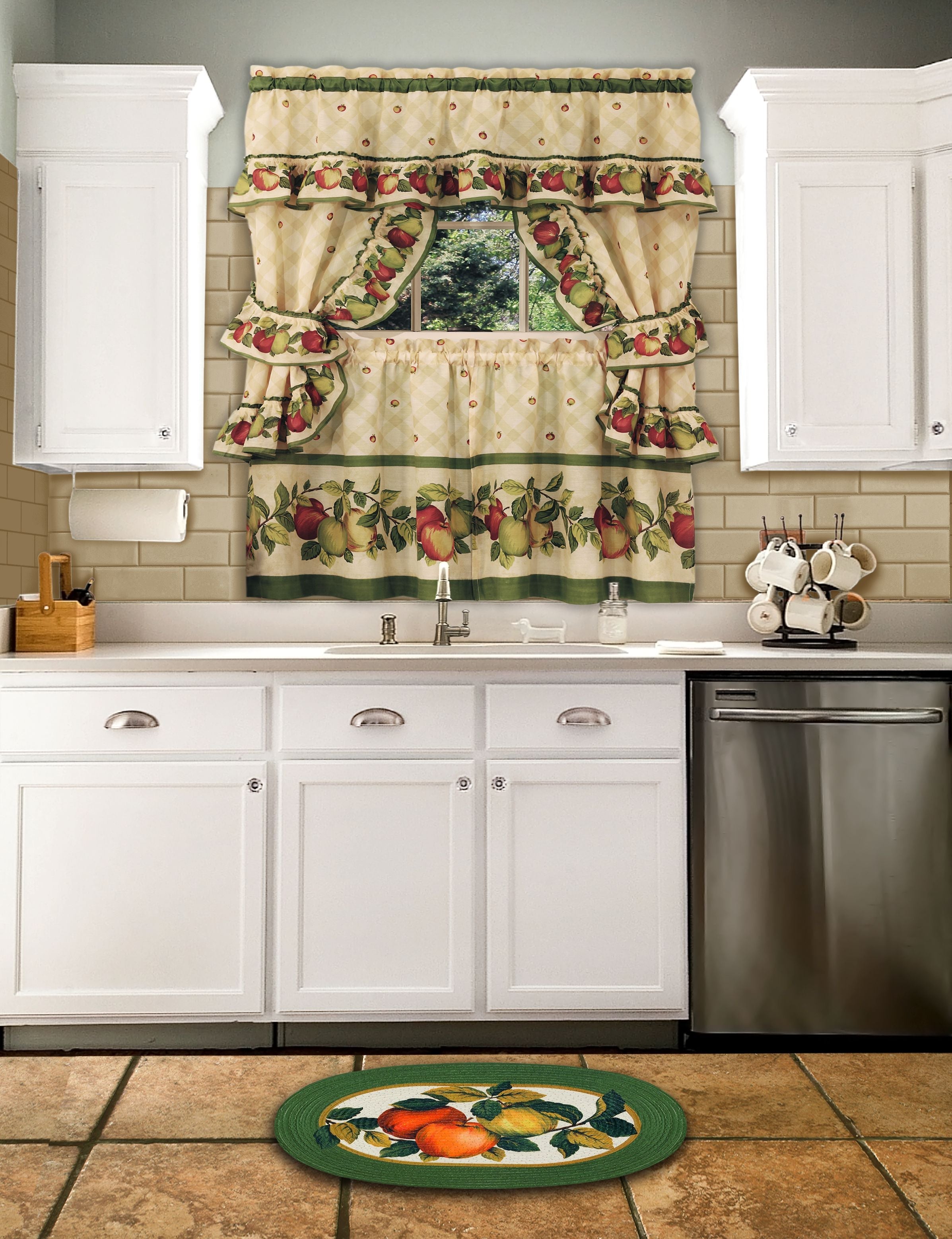Cottage Window Curtain Set - Apple Orchard, 5-Piece with Valance, Tiers, and Tiebacks - Antique - 57x36