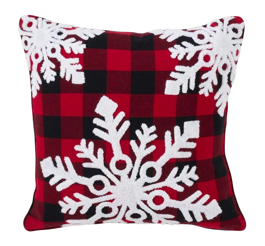 Fennco Styles Buffalo Plaid Snowflake Decorative Throw Pillow with Down Filled Insert 18 x 18 Inch - Red Check Cotton Pillow for Home, Couch, Living Room, Christmas and Holiday Season