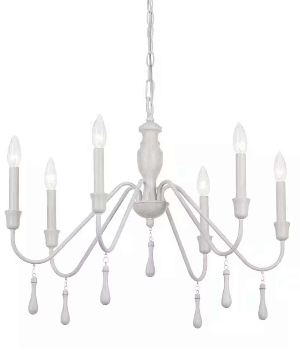 6-Light Distressed-White Beaded Cottage Chandelier