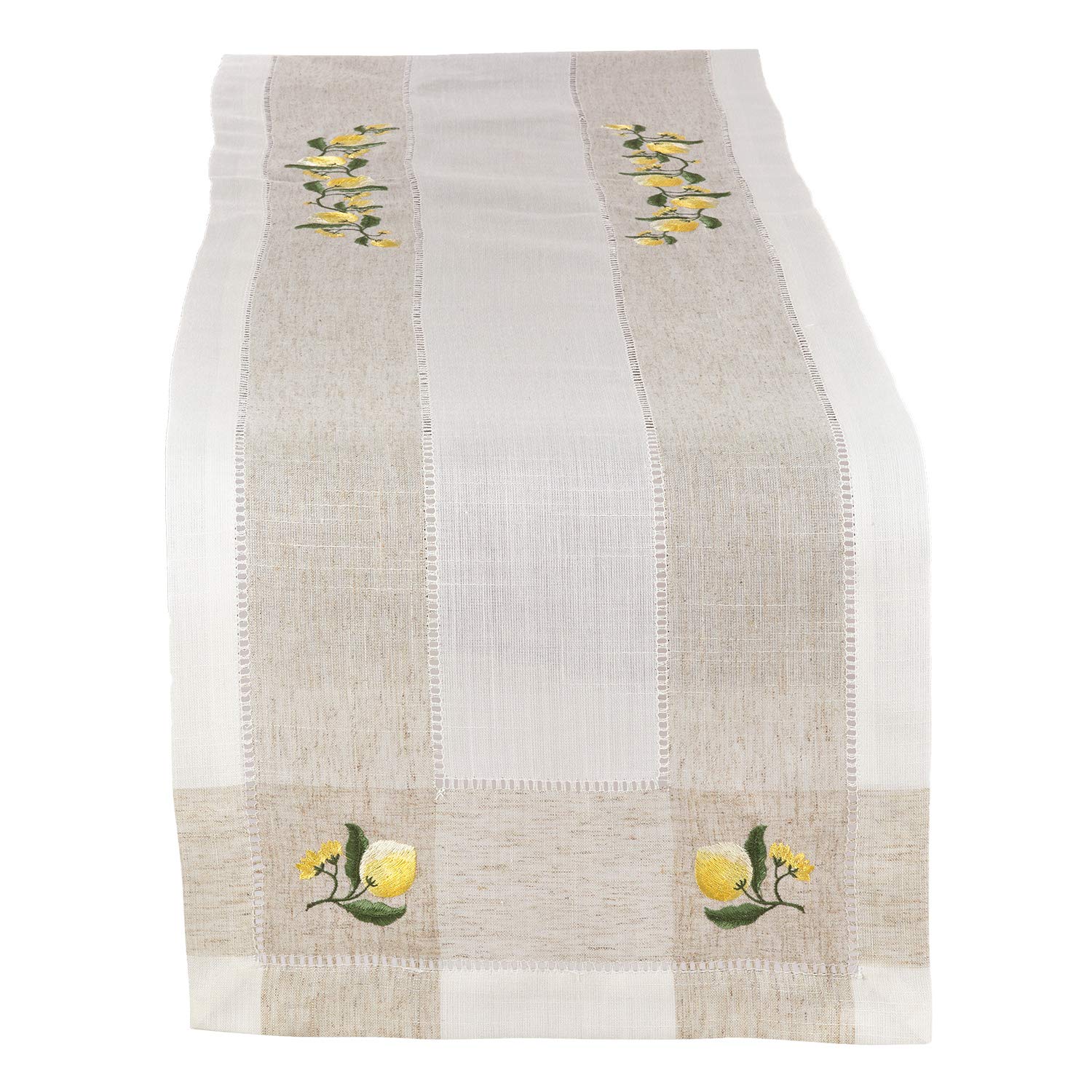 Fennco Styles Hommage Brodé Collection Cottage Lemon Embroidery Border Hemstitch Table Runner 15 x 70 Inch – Ivory Table Cover for Wedding, Banquet, Tea Party and Home Décor