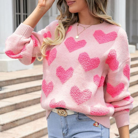 Contrast Pink Heart Fuzzy Sweater