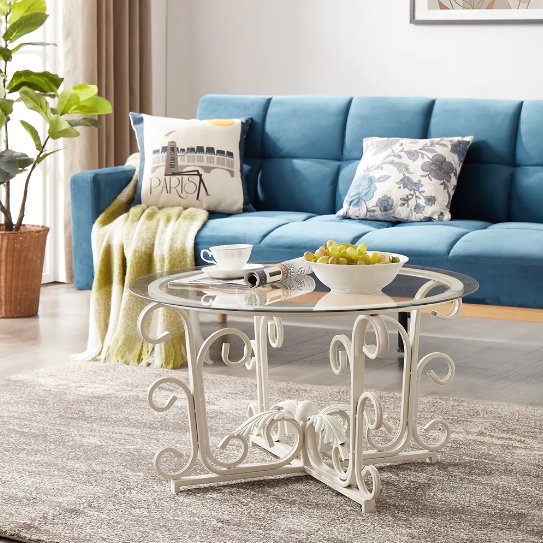 Metal Leaf Base, Glass Top, Round Coffee Table