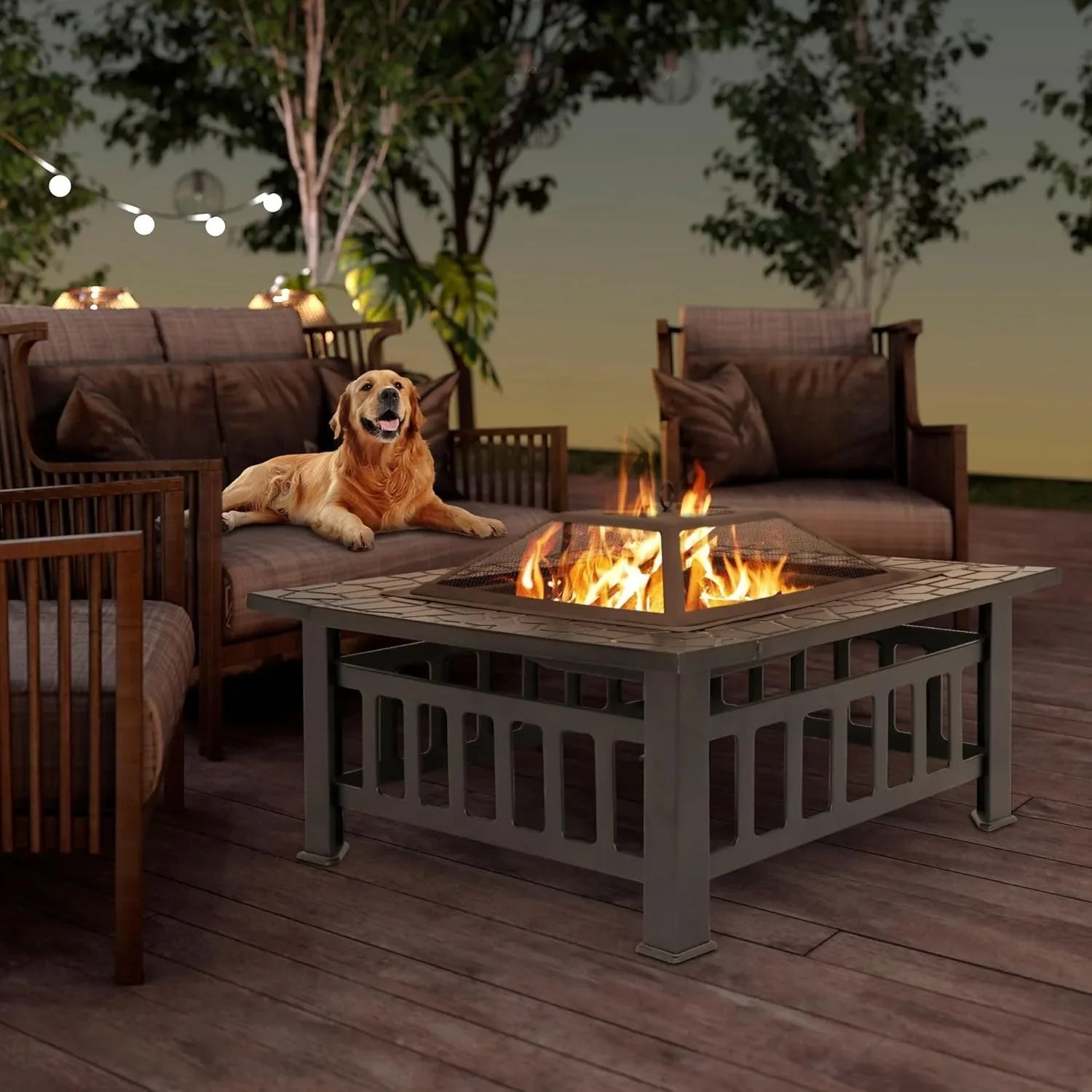 32 Inch Outdoor Fire Pit with Spark Screen & Waterproof Cover