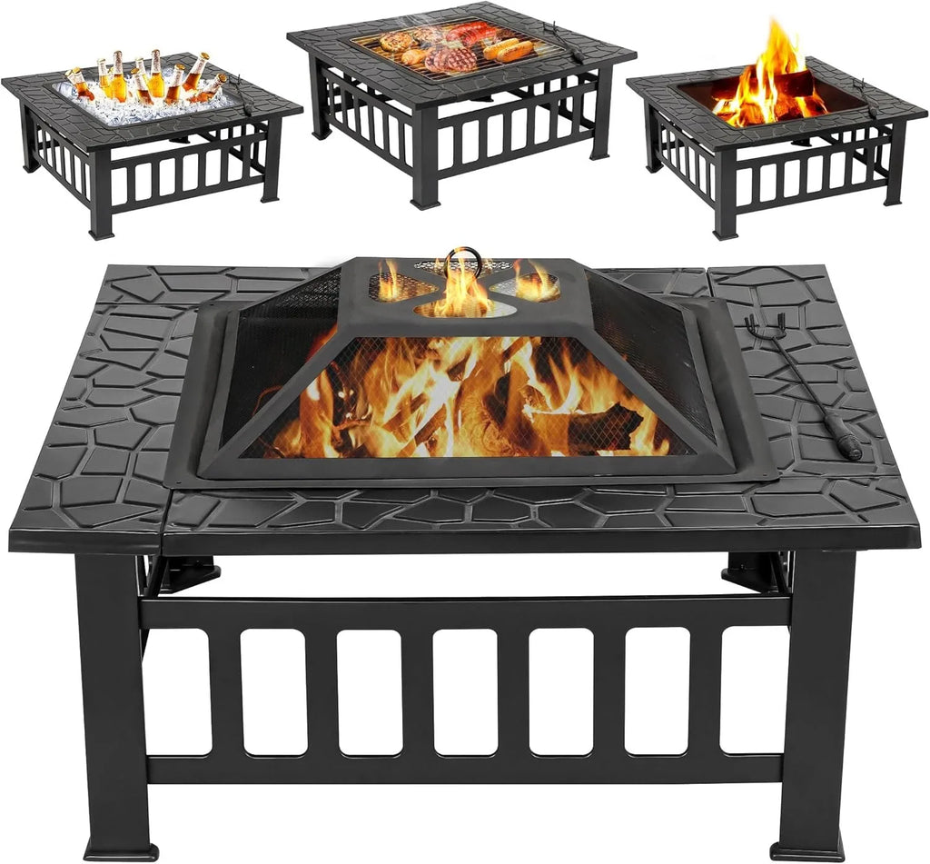 32 Inch Outdoor Fire Pit with Spark Screen & Waterproof Cover