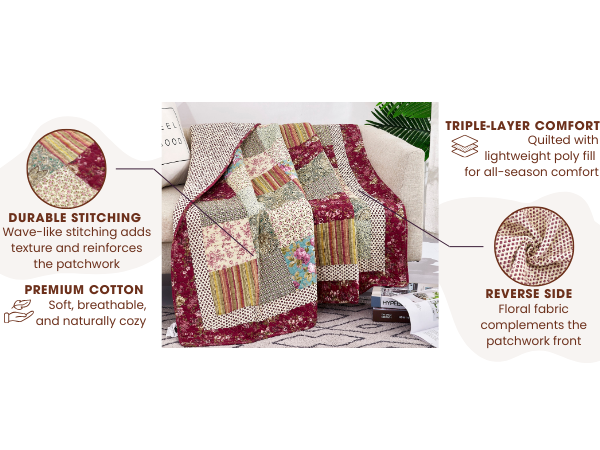Burgundy Paisley Floral Cotton Patchwork Quilted Throw Blanket