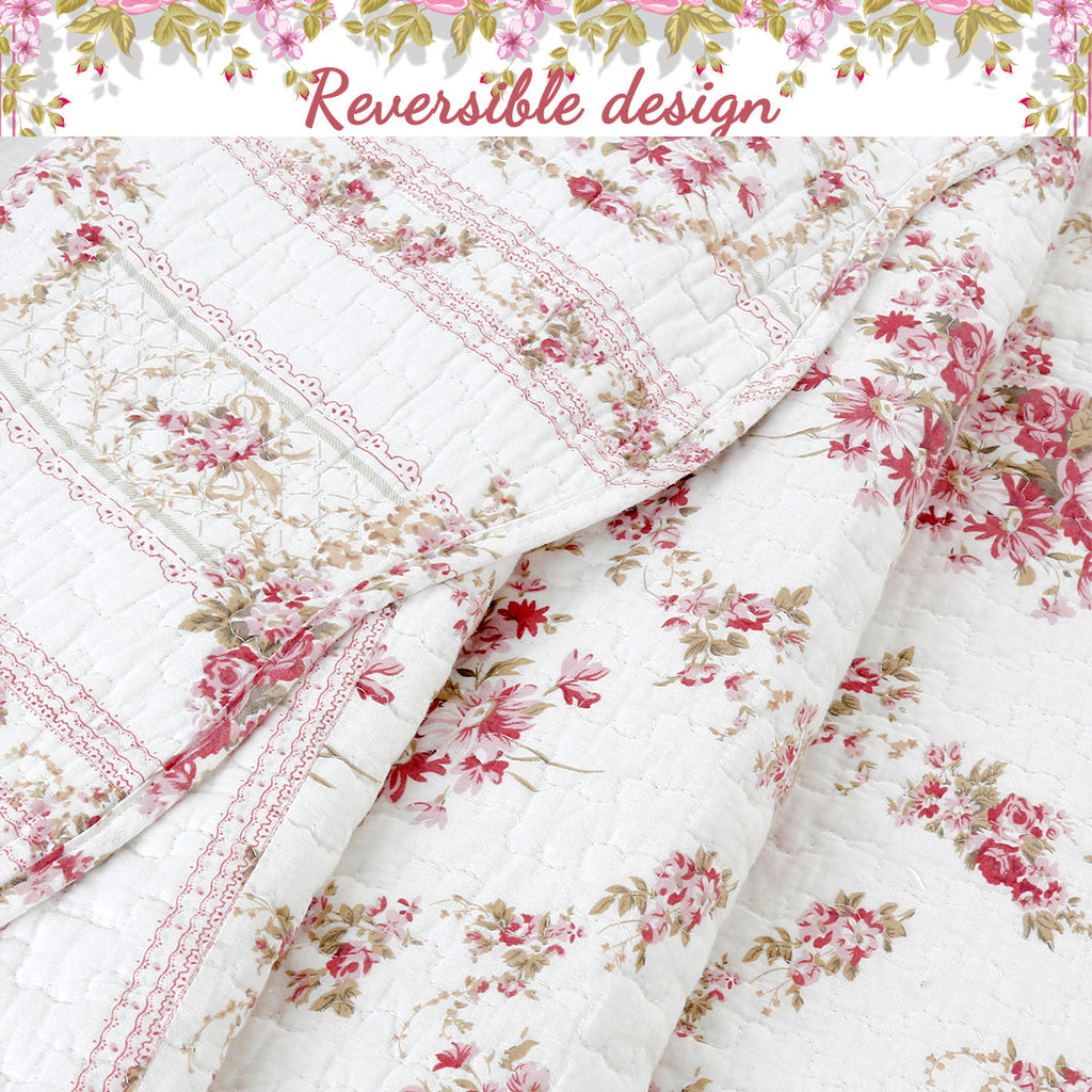 Shabby Chic Vintage Rose Garden Scalloped Cotton Quilted Reversible Blanket