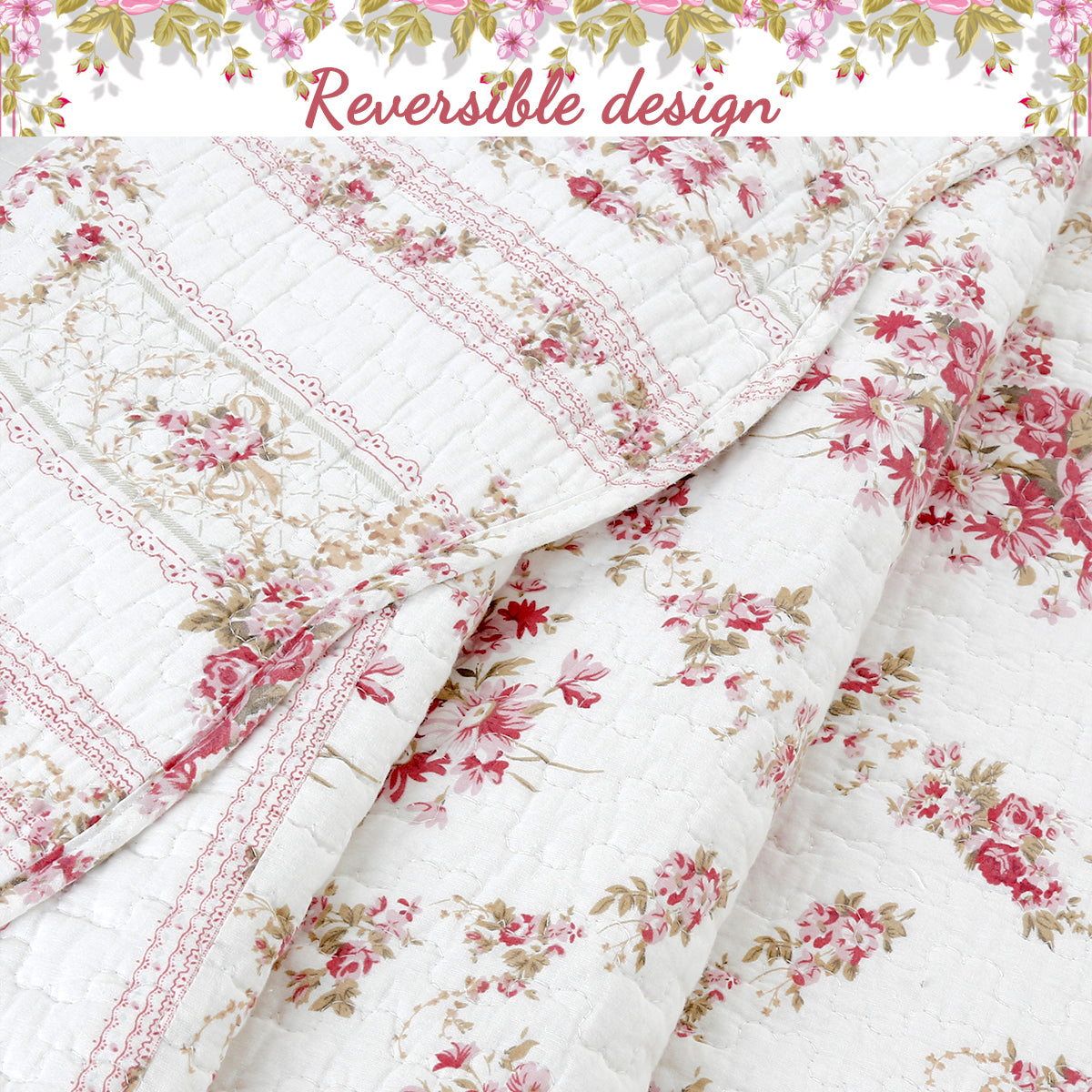 Shabby Chic Vintage Rose Garden Scalloped Cotton Quilted Reversible Blanket
