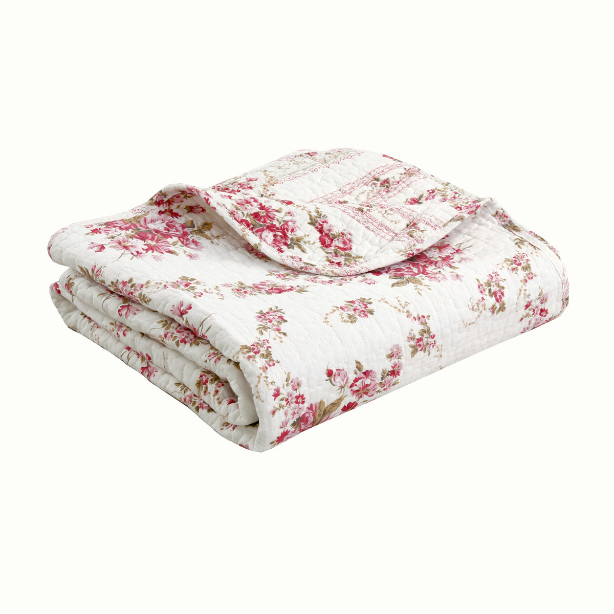 Shabby Chic Vintage Rose Garden Scalloped Cotton Quilted Reversible Blanket
