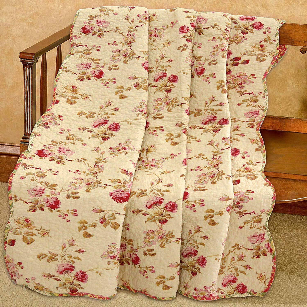 Vintage Rose Cotton Quilted Scalloped Reversible  Blanket