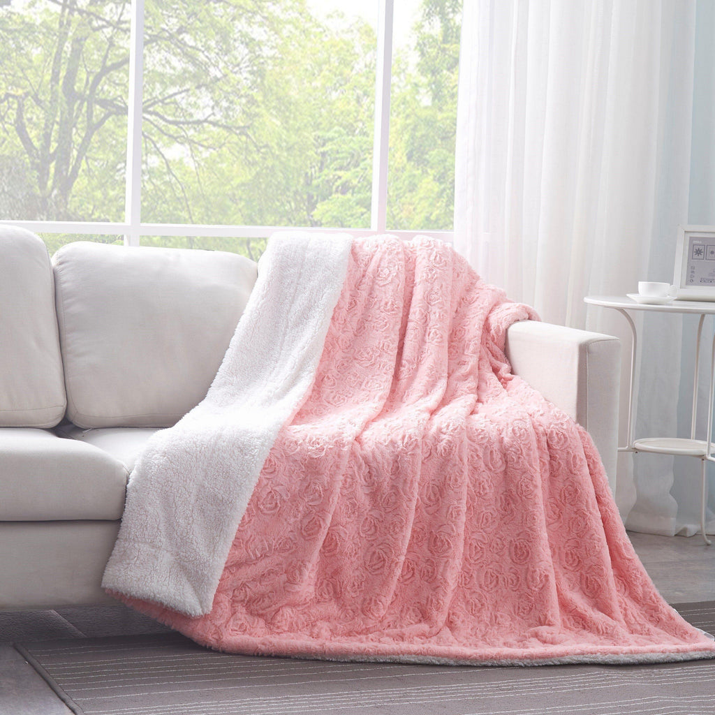 Pink Rose Buds Sherpa Fur Throw Blanket
