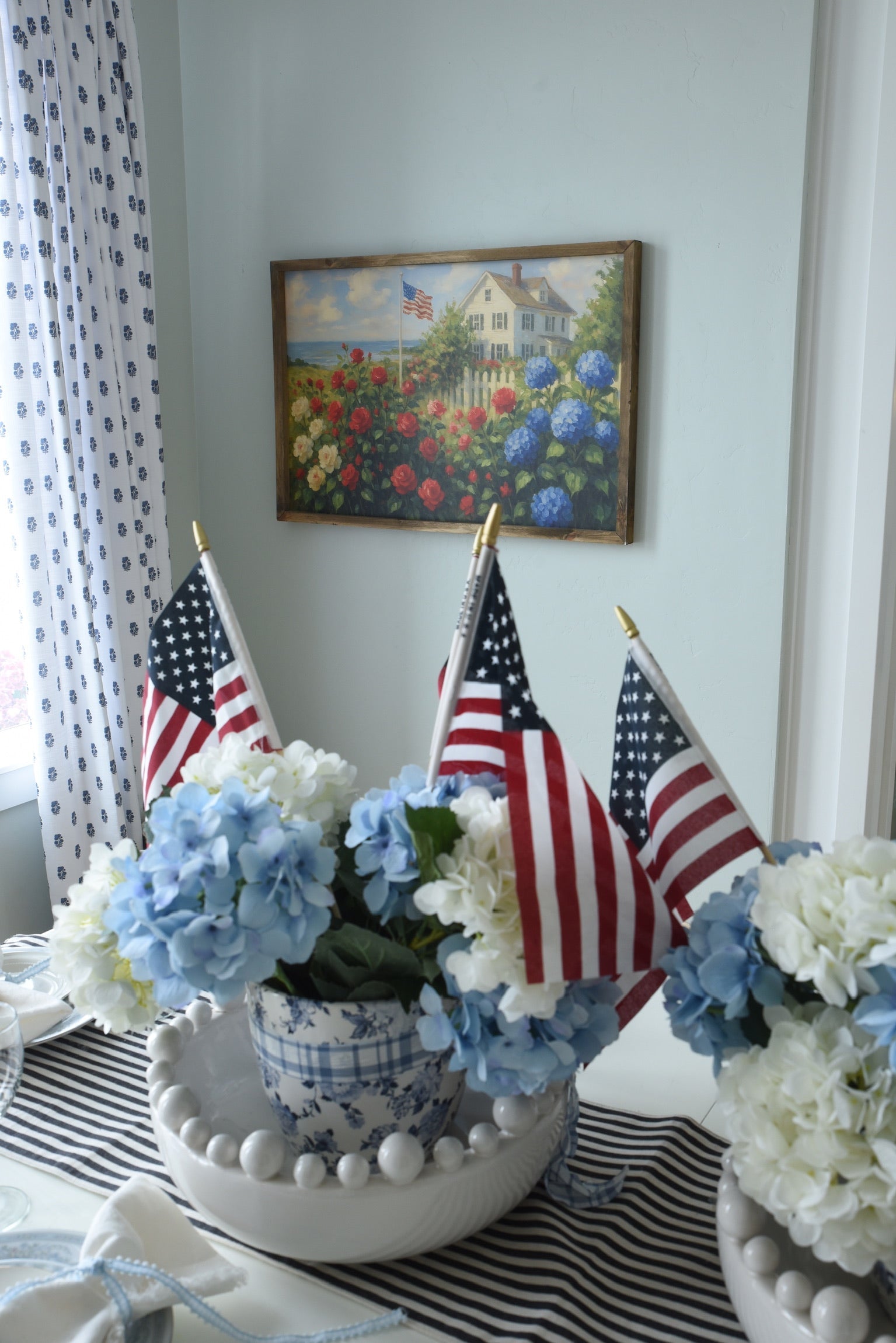 Cottage with Patriotic Flowers Framed Art