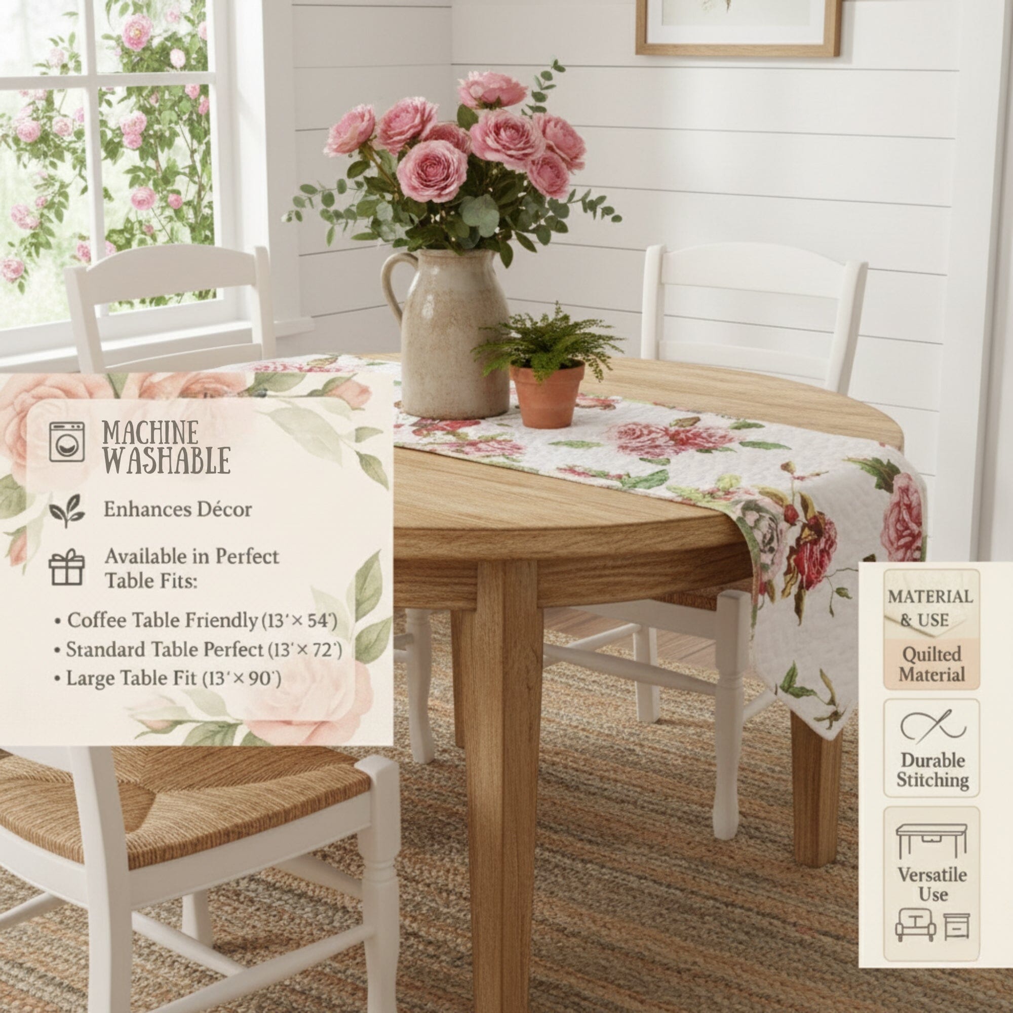 Romantic Roses Pink Quilted Dining Table Runner