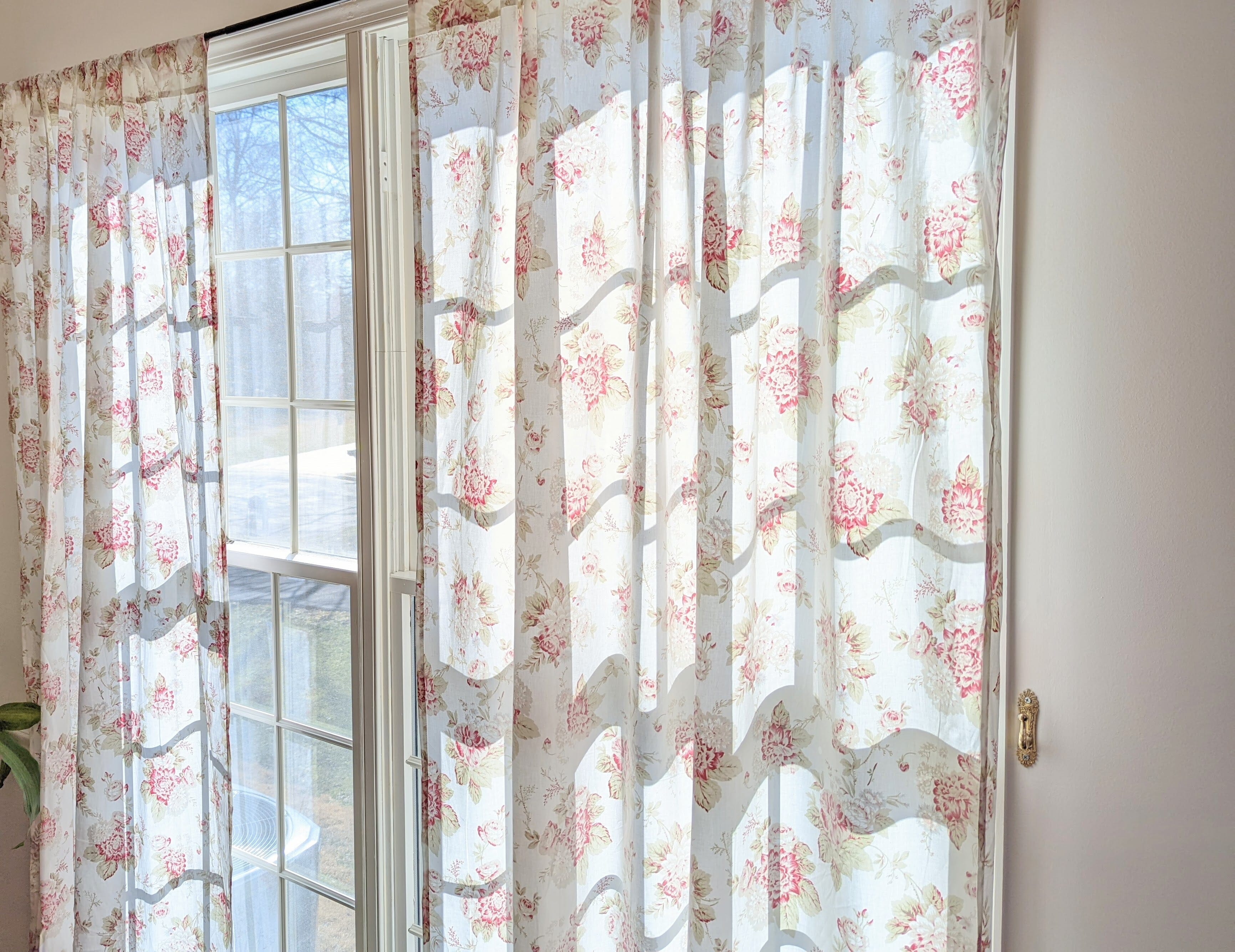 Pink Roses Cottage Sheer Window Panel Curtains