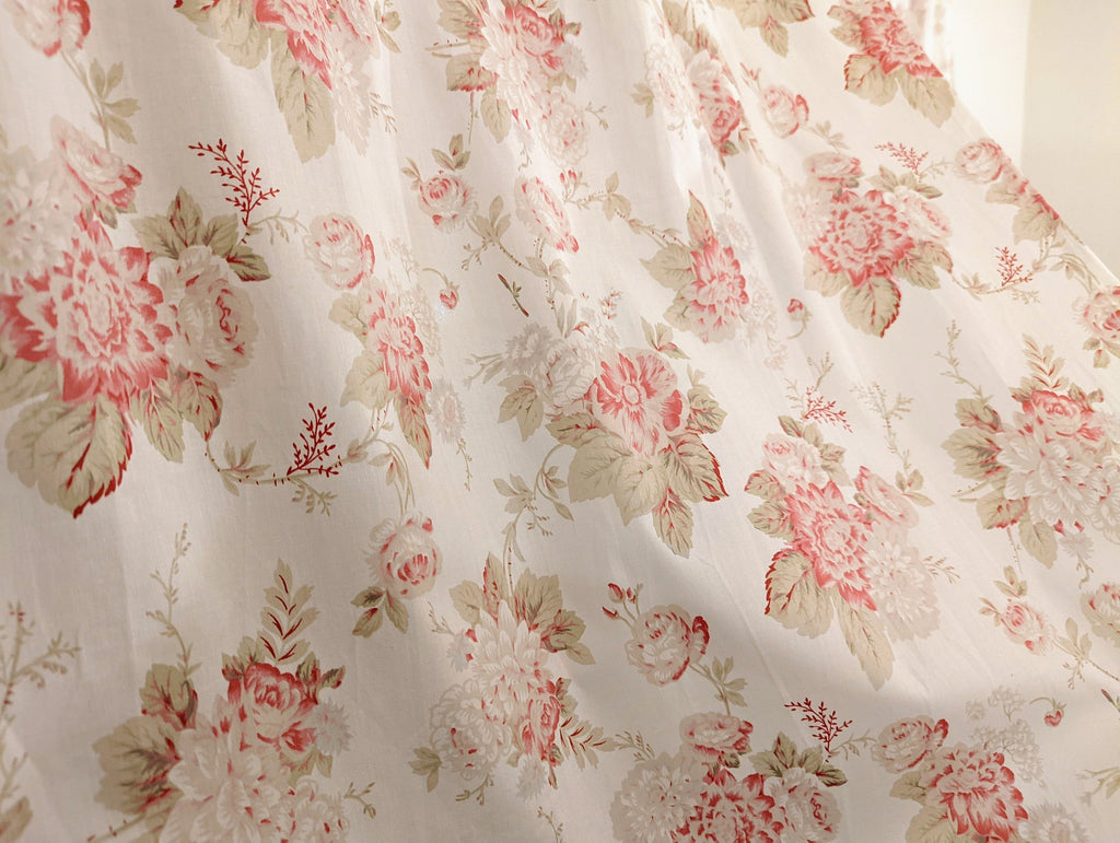 Pink Roses Cottage Sheer Window Panel Curtains