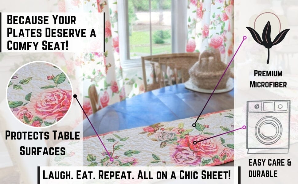 Romantic Roses Pink Quilted Dining Table Runner