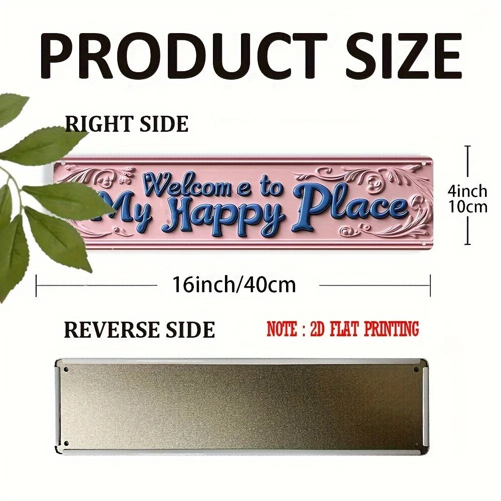 Vintage "Welcome to My Happy Place" Pink Metal Sign - 4x16" Rustic Foyer Living Room Decor, Housewarming Gift