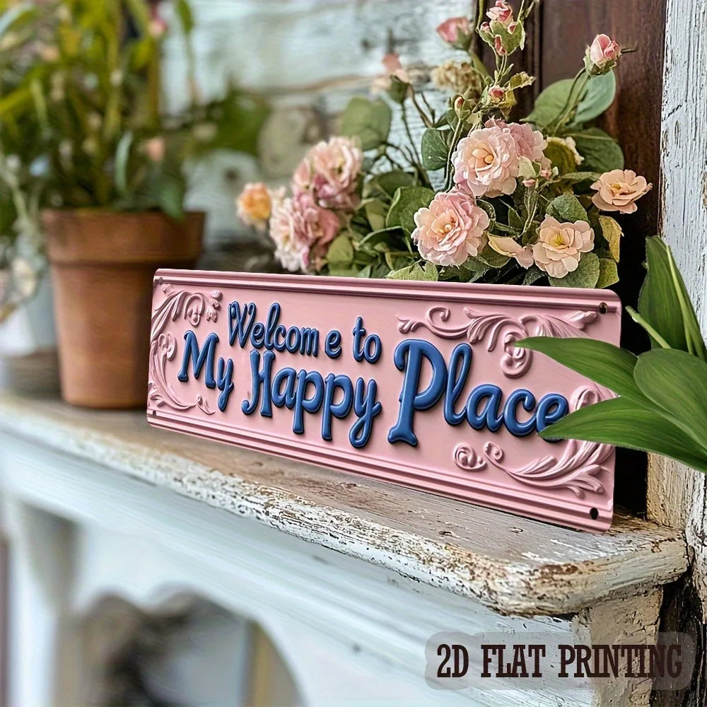 Vintage "Welcome to My Happy Place" Pink Metal Sign - 4x16" Rustic Foyer Living Room Decor, Housewarming Gift
