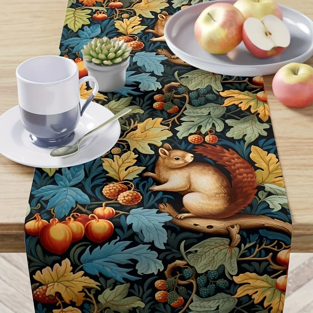 Autumn Squirrel Maple Leaves Printed Linen Table Runners