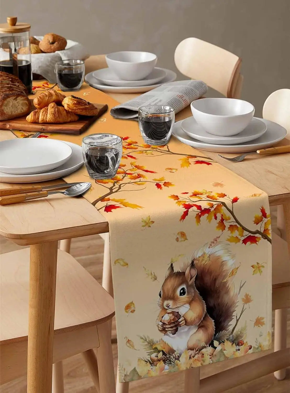 Autumn Squirrel Maple Leaves Printed Linen Table Runners