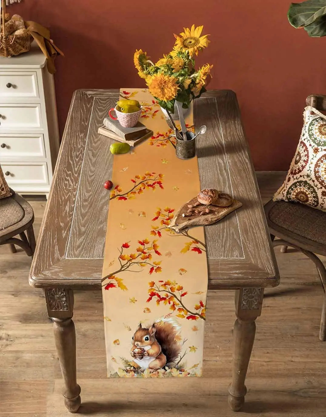 Autumn Squirrel Maple Leaves Printed Linen Table Runners