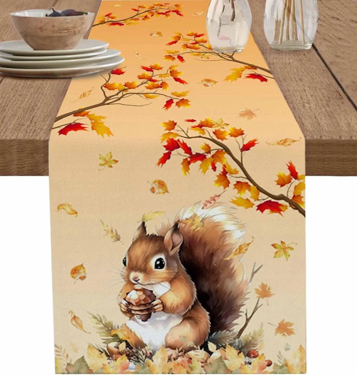 Autumn Squirrel Maple Leaves Printed Linen Table Runners