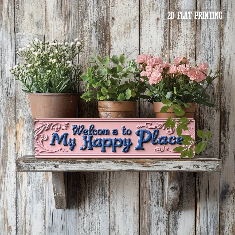 Vintage "Welcome to My Happy Place" Pink Metal Sign - 4x16" Rustic Foyer Living Room Decor, Housewarming Gift